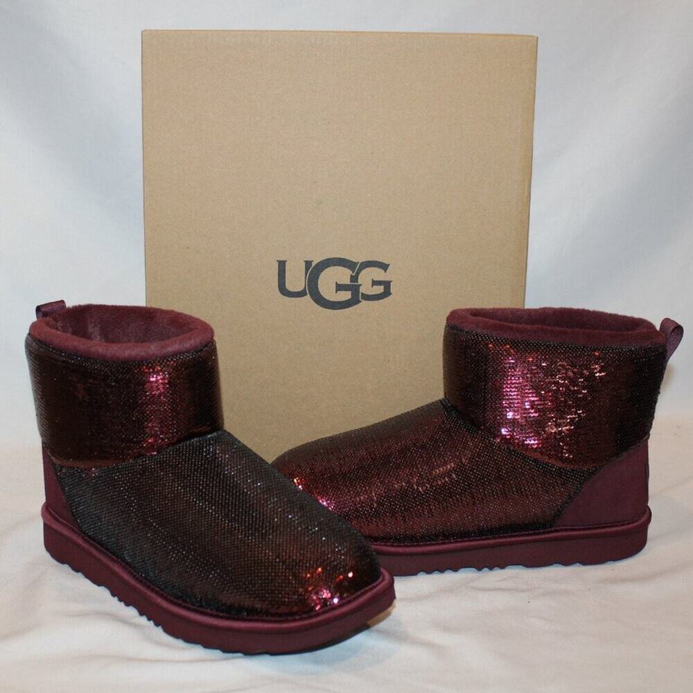 NIB UGG YOUTH SEQUIN MINI SHEARLING LINED BOOTS BURGUNDY PORT‎